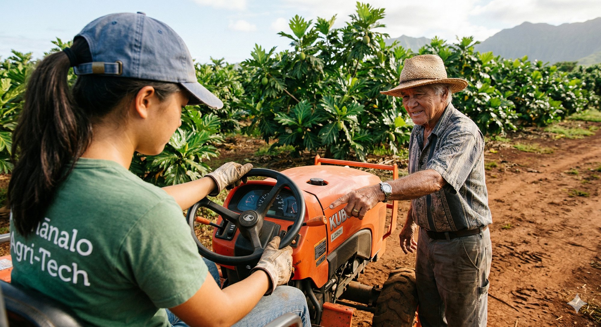 Trainee learning tractor operation from kūpuna instructor at Hawaiian farm