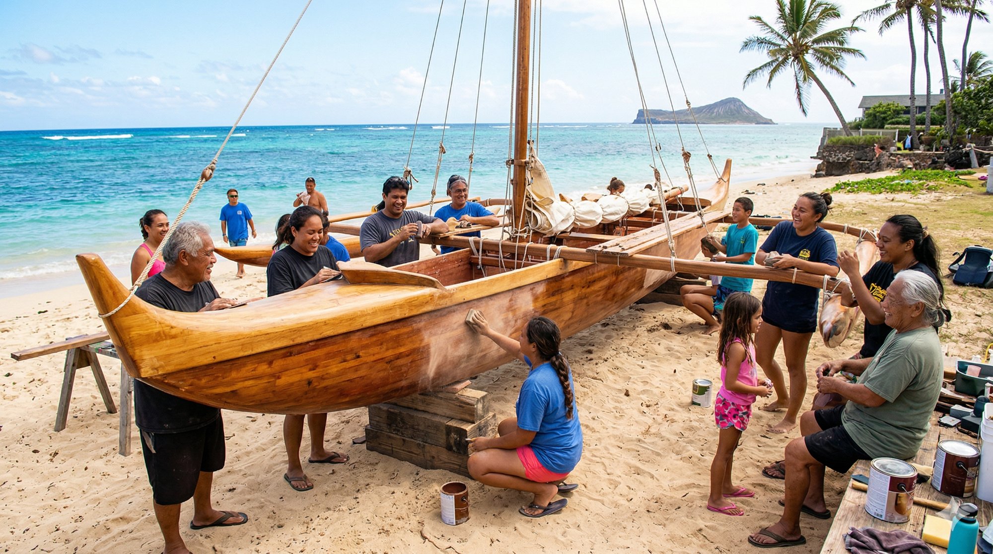 Community members of all ages maintaining a traditional Hawaiian waʻa on the beach